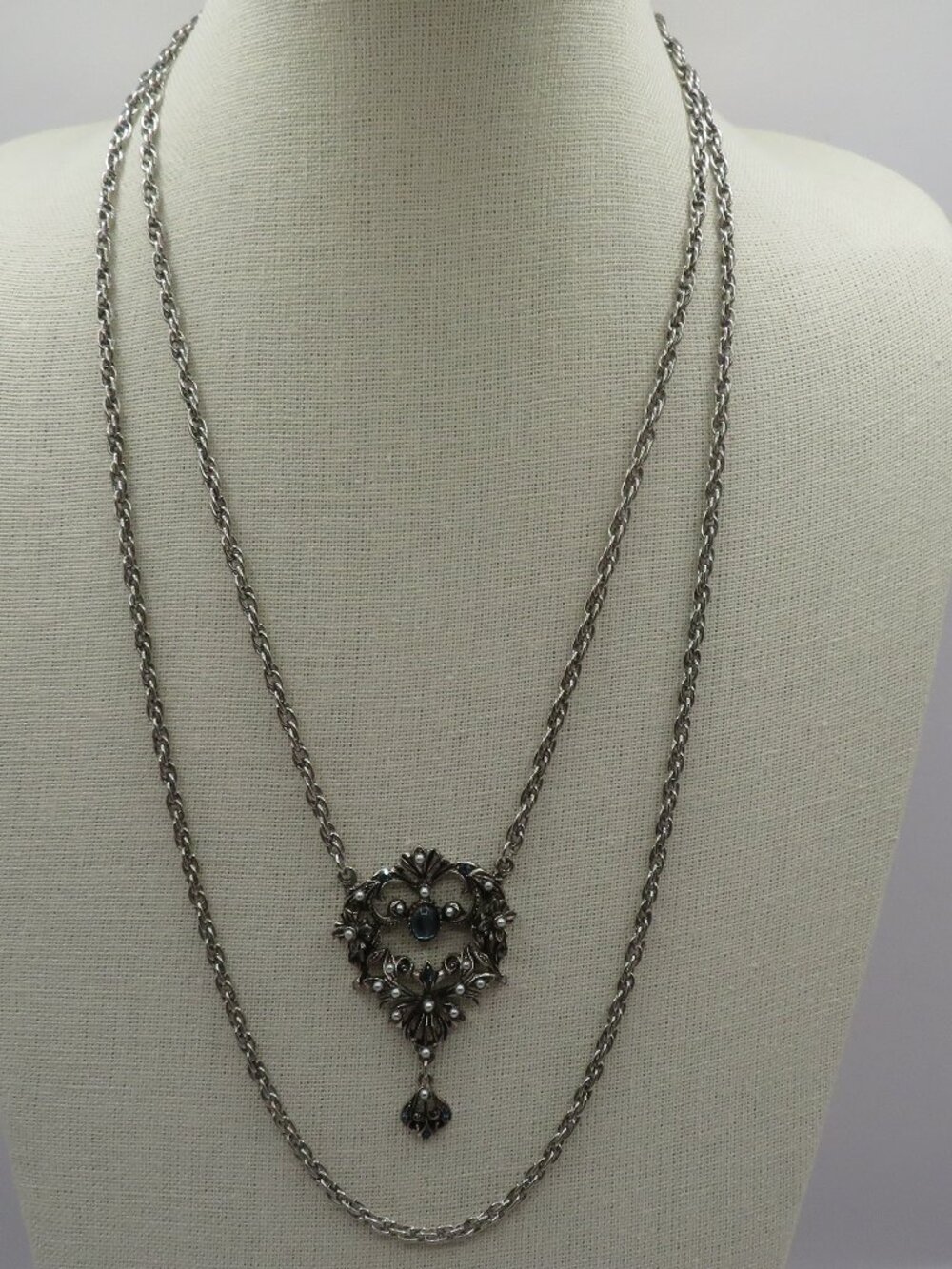 Vintage Hollycraft Blue Rhinestone Faux Seed Pearl Silver Tone Necklace